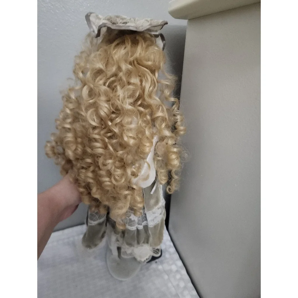 Vintage Porcelain Doll Blonde Curls Blue Eyes Velvet Lace Dress Violin 16 inch